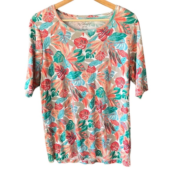 By Chico’s 100% Cotton Sz L Like New Tropical Leaf Print Short Sleeve Tee - Picture 1 of 5
